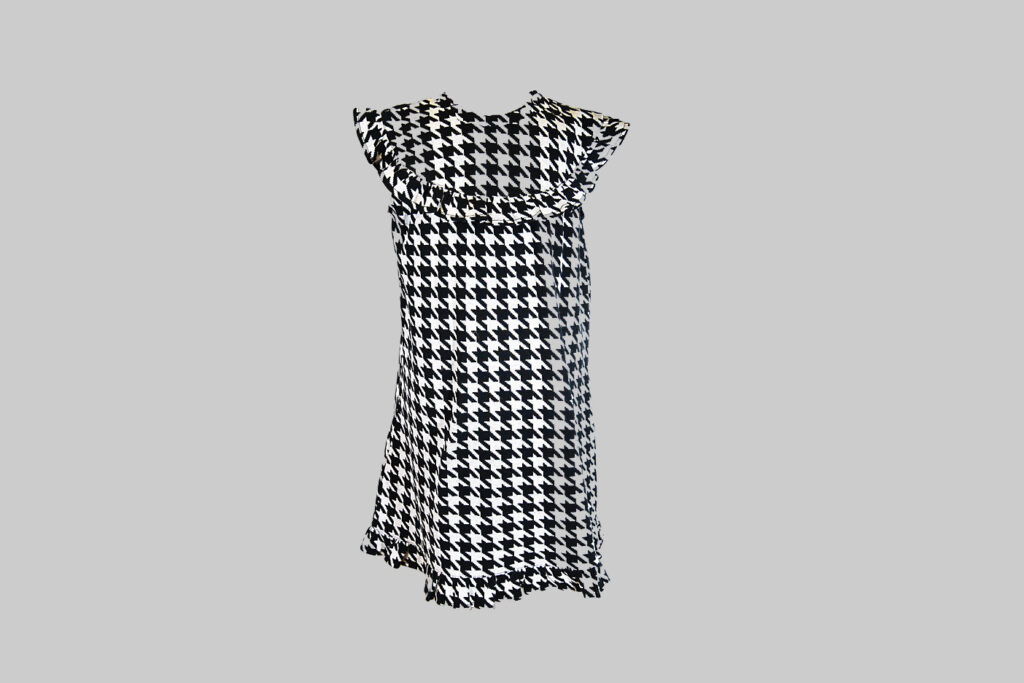 classic dress, sleeveless & ruffle, houndstooth design.