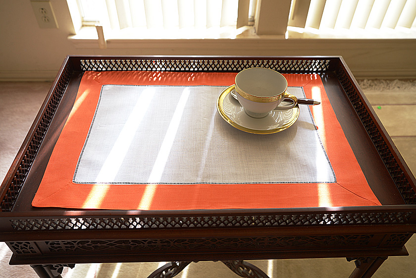 Hemstitch Placemat. Color on Hot Orange Color Border.
