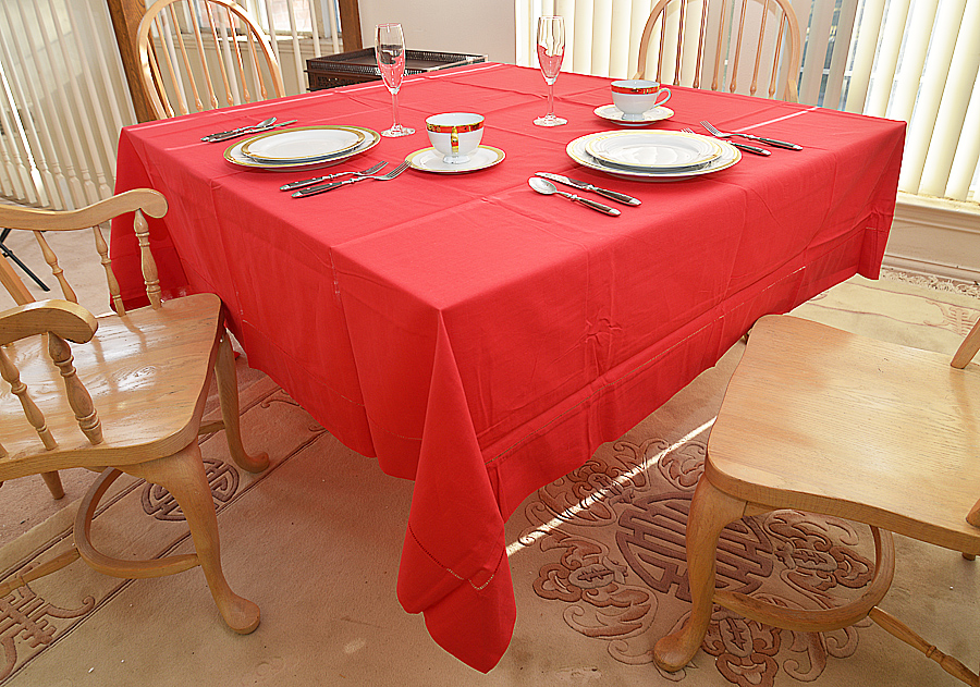 Red Hemstitch Square Tablecloth. 89"square. 
