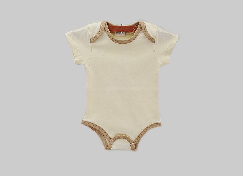 blank, short sleeve baby jumpsuit, Butter Cream with Camel Cashmere Trim.
