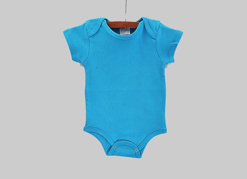 blank, short sleeve baby jumpsuit, aqua blue color.