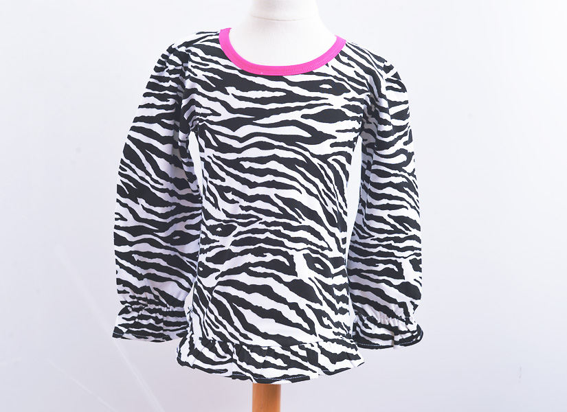 Long Sleeve Girl Ruffle Shirt. Black Zebra Red Trim.