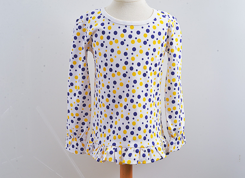 Long Sleeve Girl Ruffle Shirt. LSU Purple & Gold Dots.