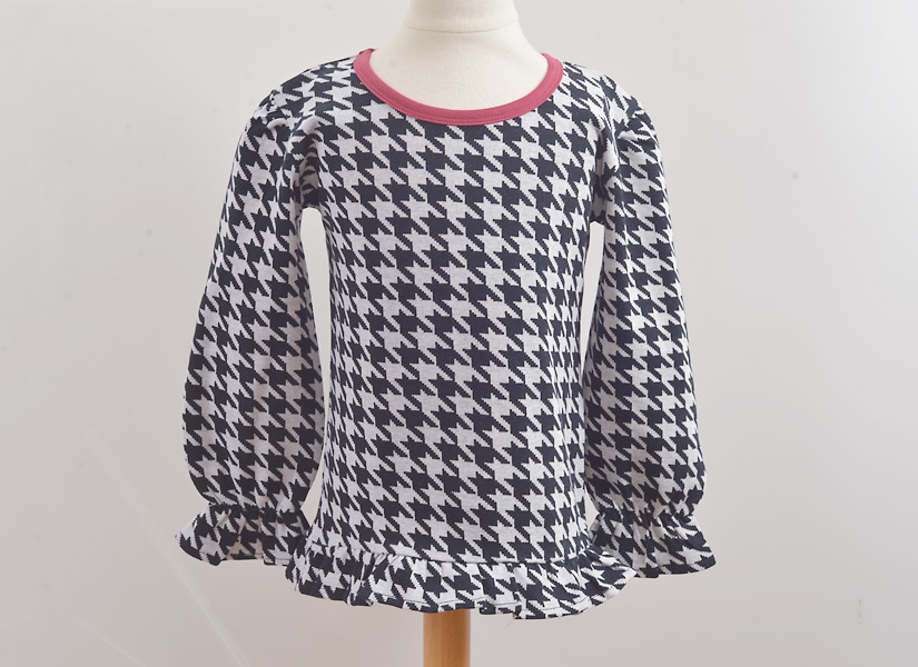 Long Sleeve Girl Ruffle Shirt. Houndstooth