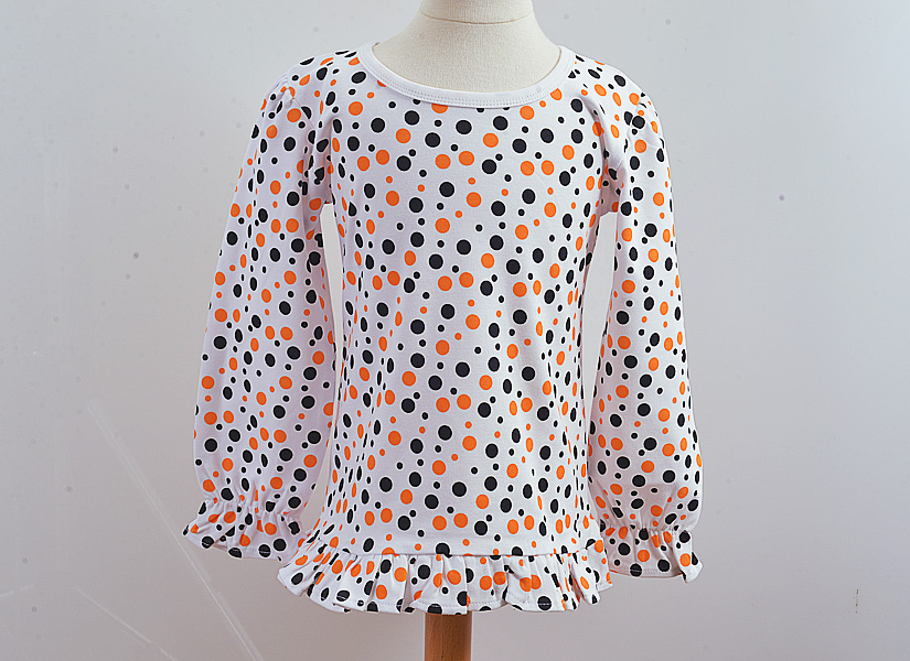 Long Sleeve Girl Ruffle Shirt. Orange & Black Dots.