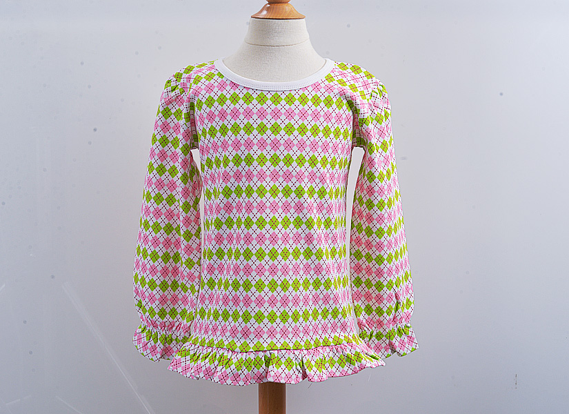 Long Sleeve Girl Ruffle Shirt. Hot Pink & Hot Green Argyle