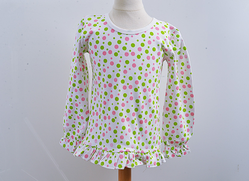 Long Sleeve Girl Ruffle Shirt. Hot Pink & Hot Green Dots